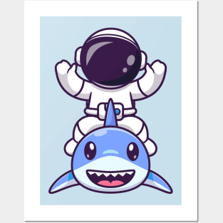 Cute Astronaut With Cute Shark Cartoon Posters and Art